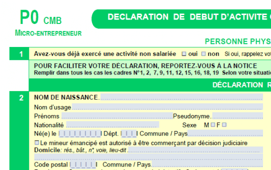 formulaire P0 CMB micro-entrepreneur aide remplir